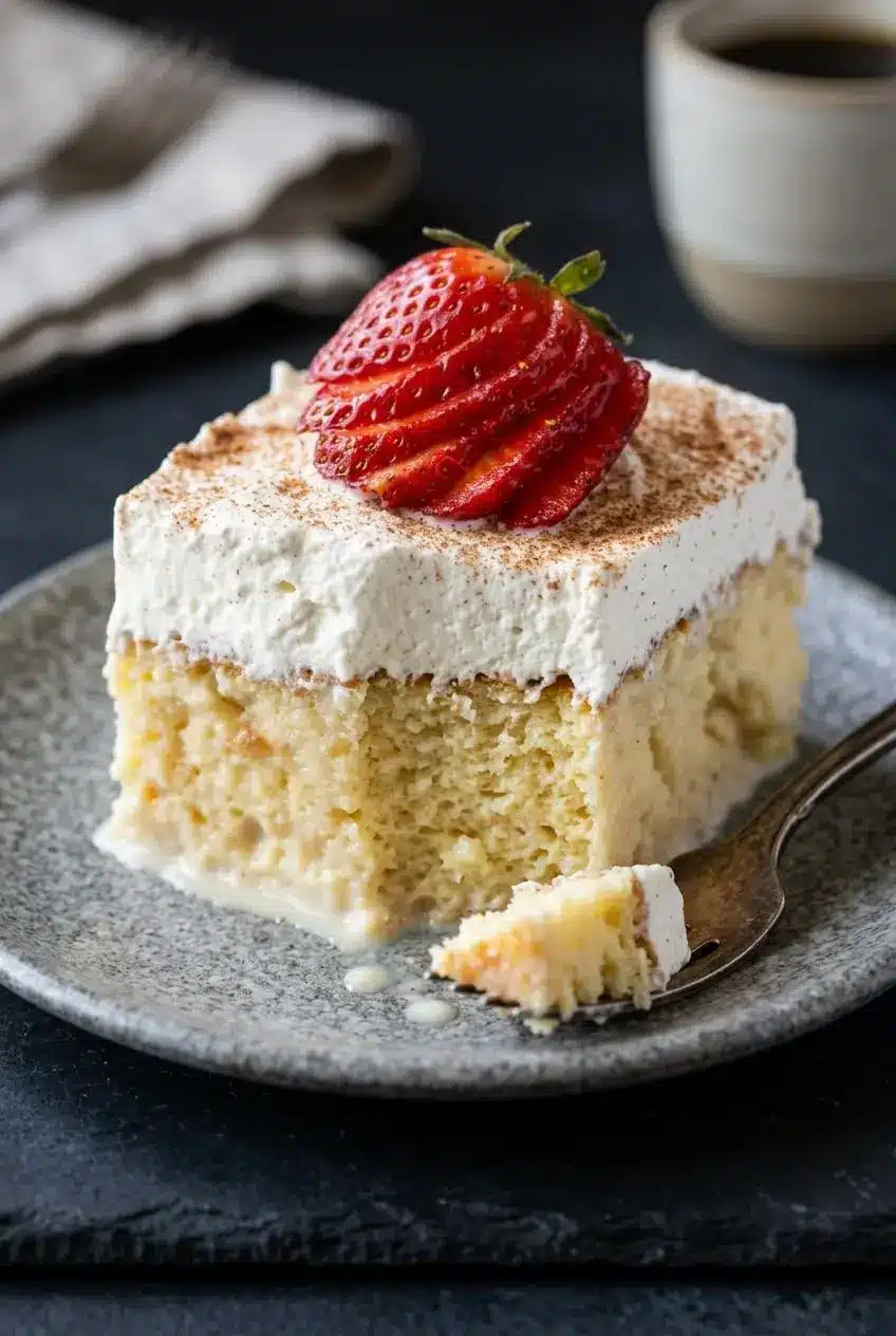 Close-up of moist tres leches cake crumb soaked in three milks topped with velvety whipped cream and cinnamon.
