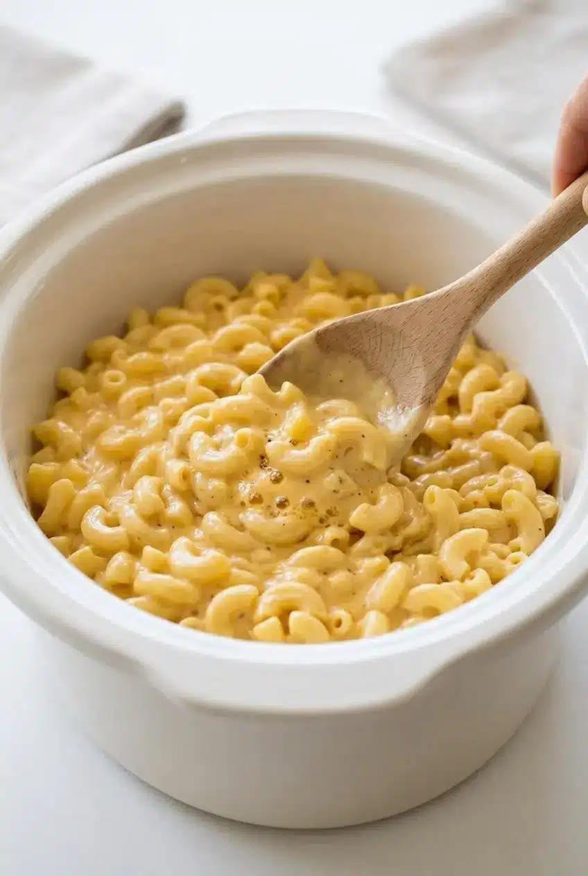 Wooden spoon stirring smooth, cohesive cheese sauce and macaroni inside a slow cooker insert.