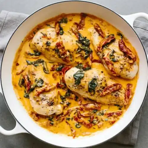 Tuscan chicken recipe with golden seared cutlets simmered in a glossy garlic parmesan cream sauce with spinach.