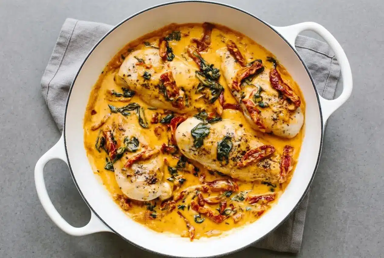 Tuscan chicken recipe with golden seared cutlets simmered in a glossy garlic parmesan cream sauce with spinach.