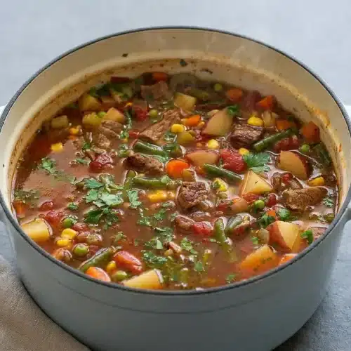 Vegetable beef soup recipe with tender beef chunks, potatoes, carrots, and green beans in a rich savory broth.