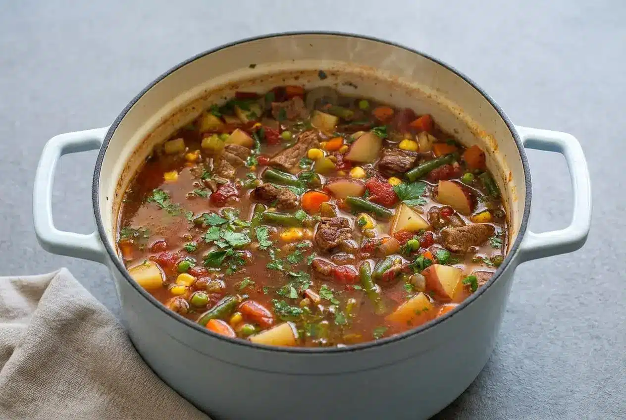Vegetable beef soup recipe with tender beef chunks, potatoes, carrots, and green beans in a rich savory broth.