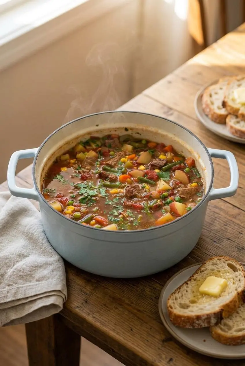Bowl of vegetable beef soup served alongside a slice of crusty buttered sourdough bread on a rustic wooden table.