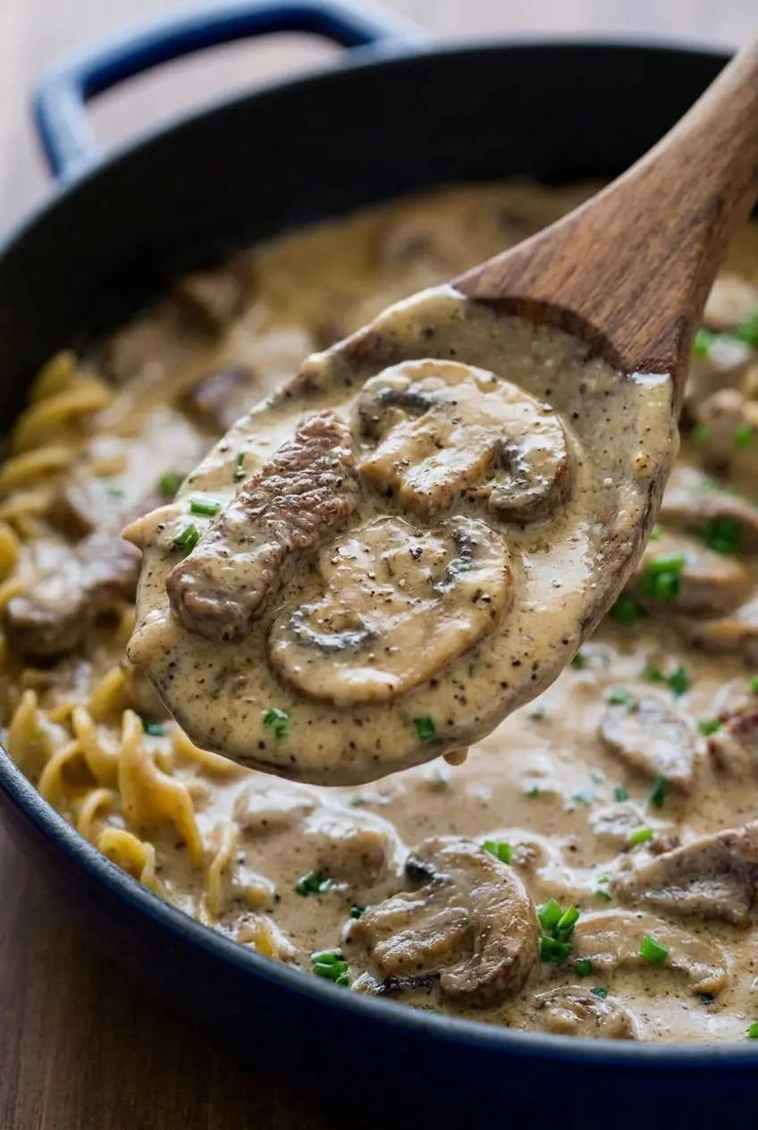 Close-up of glossy, smooth beef stroganoff sauce with sliced mushrooms coating a wooden spoon.
