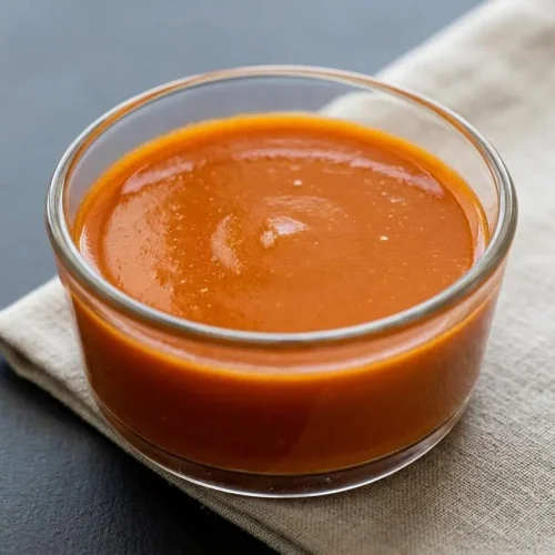 Rich, glossy orange buffalo sauce with a velvety finish pooling smoothly in a serving dish.