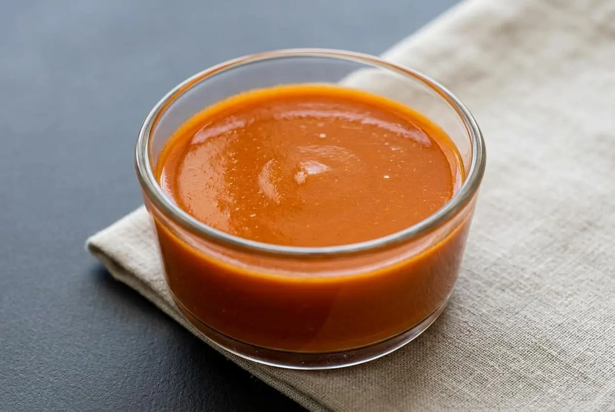 Rich, glossy orange buffalo sauce with a velvety finish pooling smoothly in a serving dish.