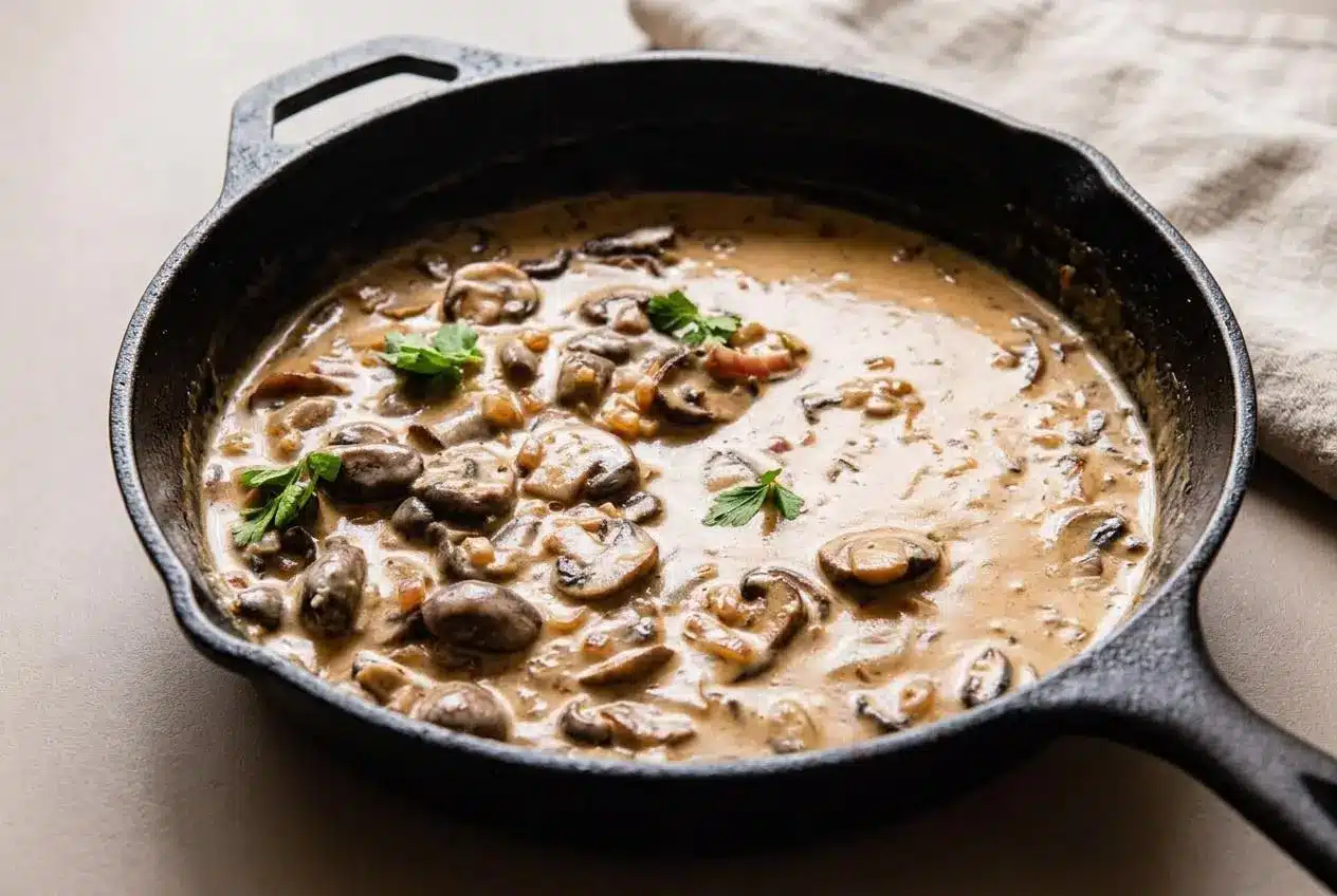 Creamy marsala sauce with golden browned mushrooms and rosemary in a skillet with a glossy finish