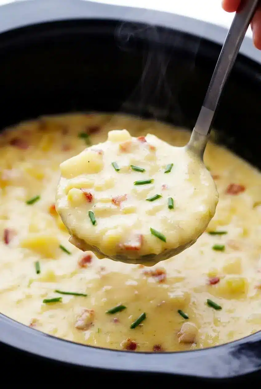 A spoon scooping up velvety smooth, glossy potato soup with tender chunks, melted cheddar, and crumbled bacon.