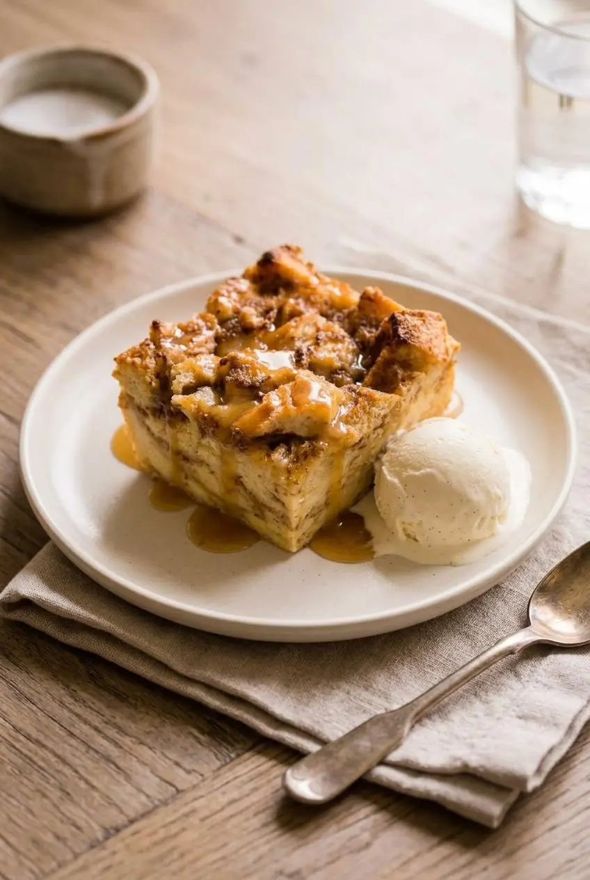 Square slice of warm bread pudding topped with brown sugar butter drizzle and vanilla bean ice cream.
