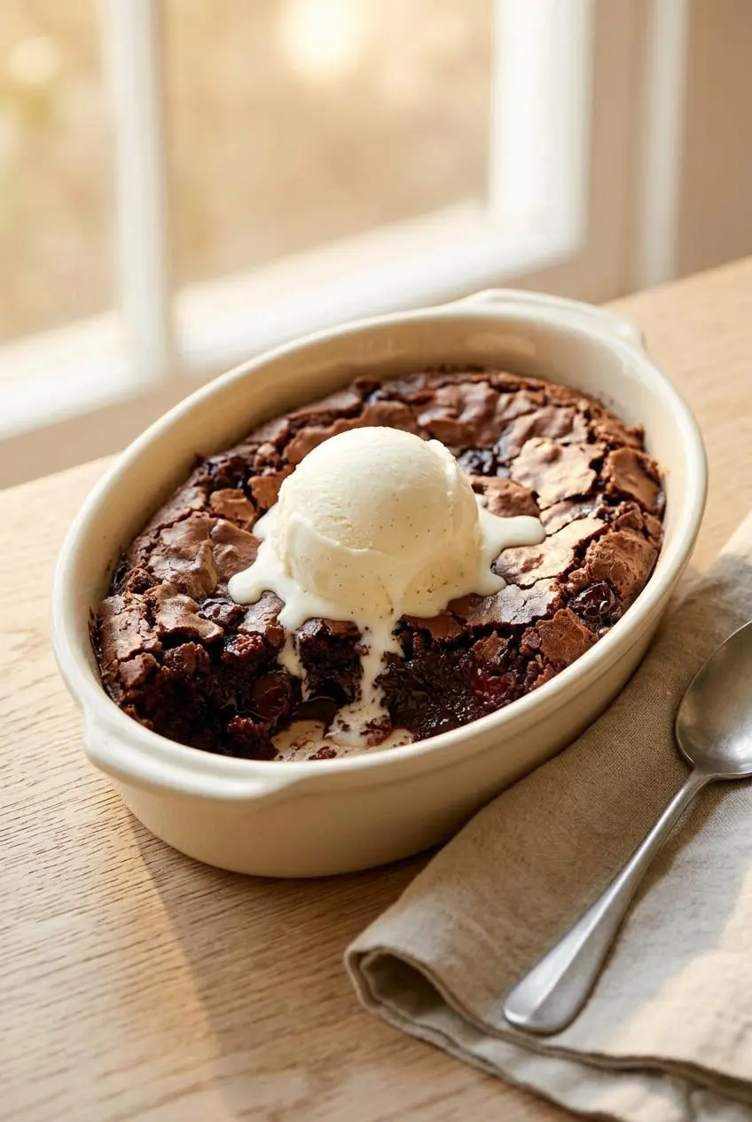 Oval baking dish of chocolate brownie pudding topped with melting vanilla bean ice cream on a dining table.