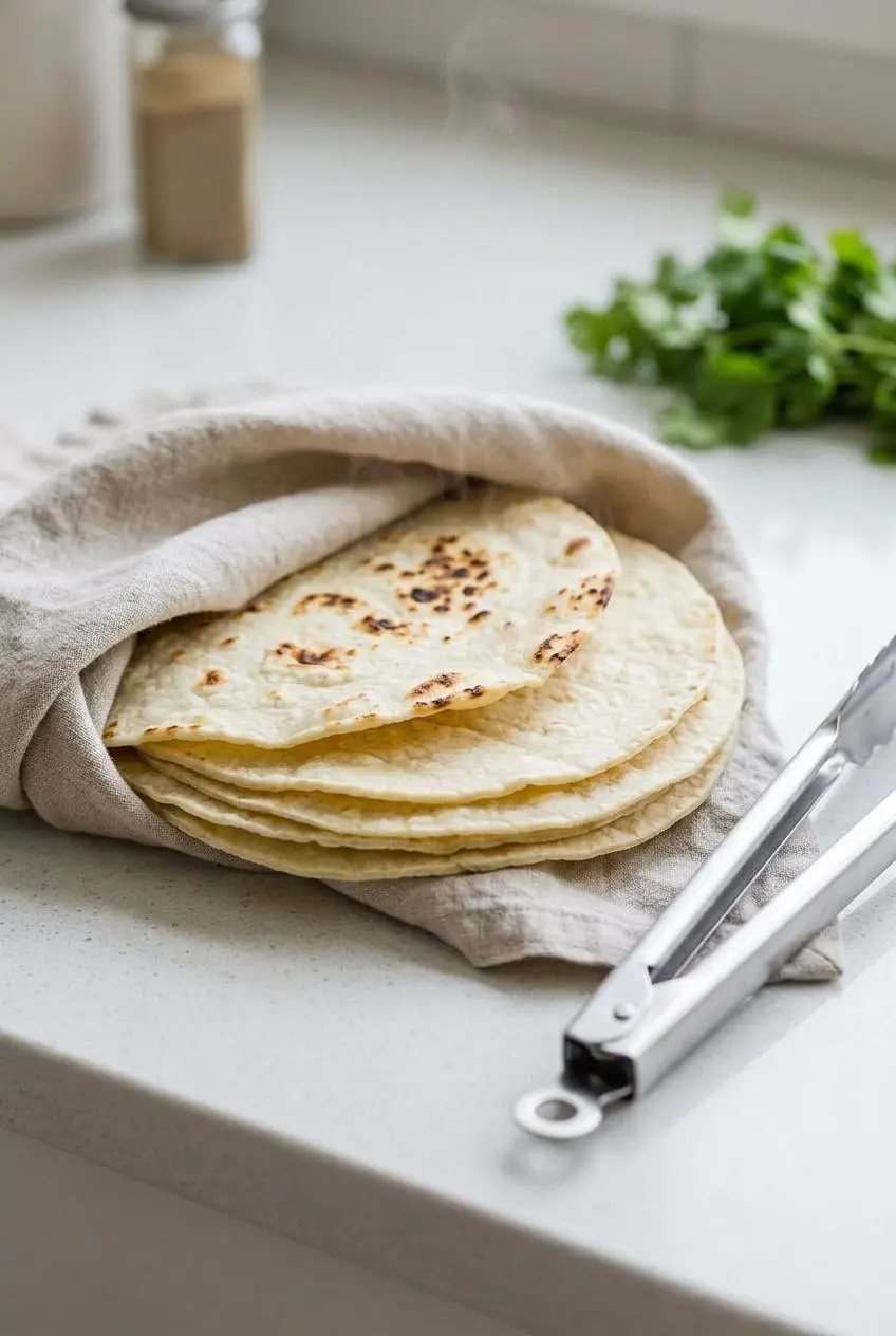 Warm corn tortillas with blistered char marks stacked inside a folded clean linen kitchen towel.
