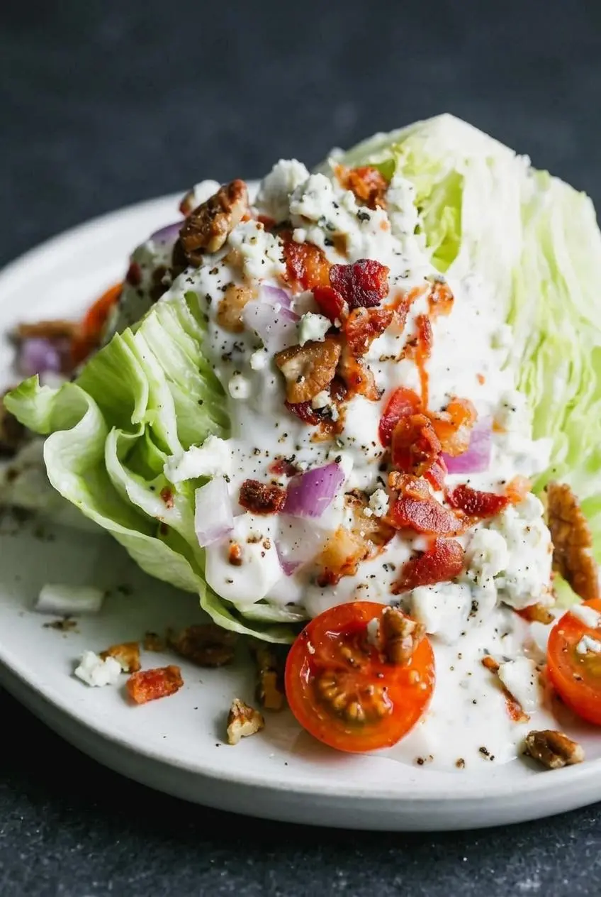 Close-up of creamy dressing cascading over iceberg lettuce layers with bacon bits and cracked black pepper.