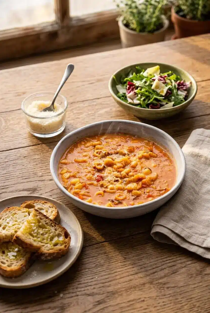 Bowl of pasta fagioli served alongside garlic-rubbed crusty sourdough bread and a crisp Italian salad.