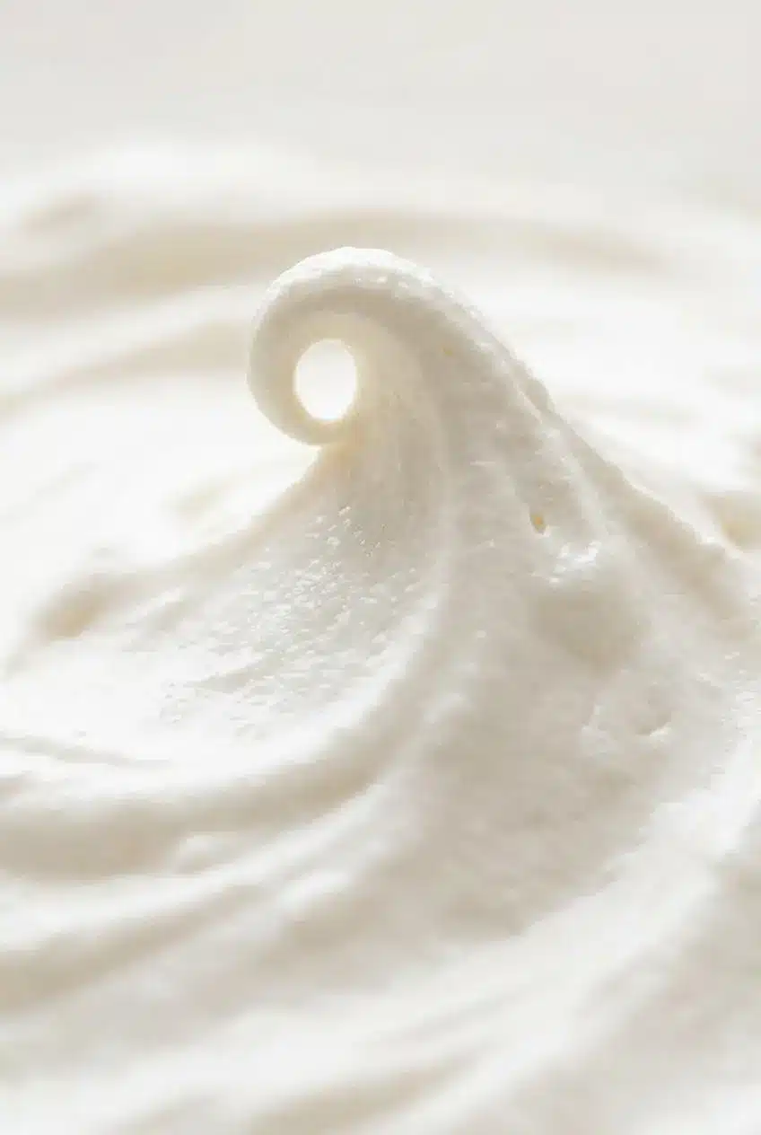 Close-up of whipped cream holding a soft curved medium peak.