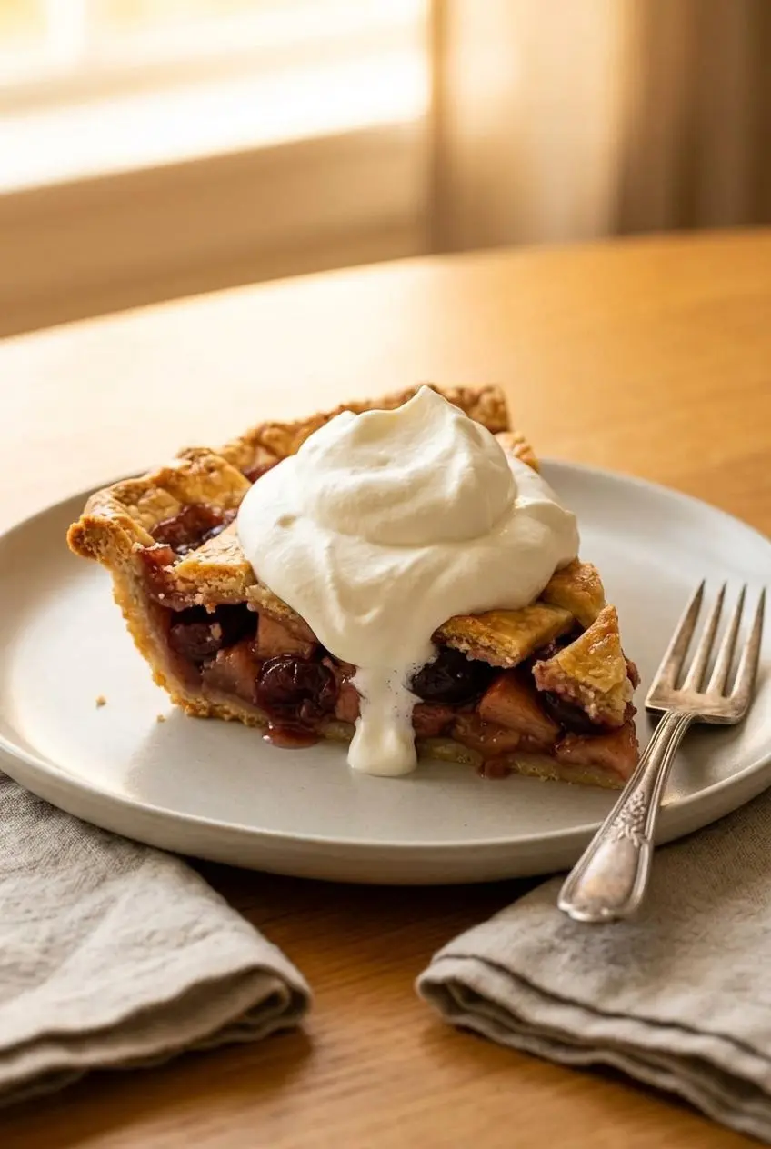 A dollop of whipped cream melting over a warm slice of fruit pie.