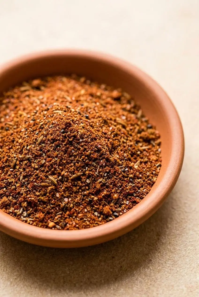 Macro view of freshly whisked chili seasoning with uniform reddish-brown texture and ground cumin specks.