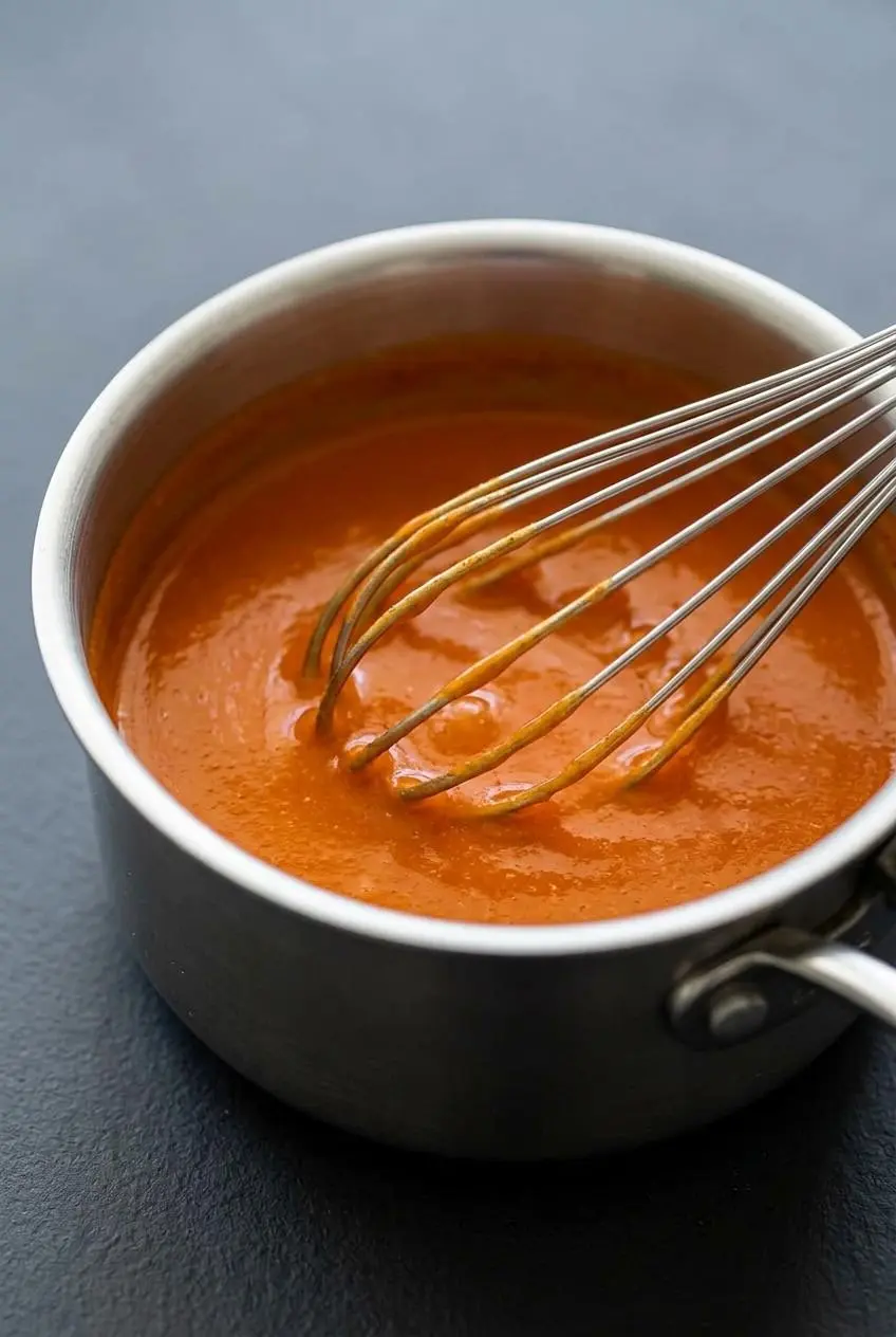 Whisking glossy orange buffalo sauce in a stainless steel saucepan to show a smooth, unified emulsion.