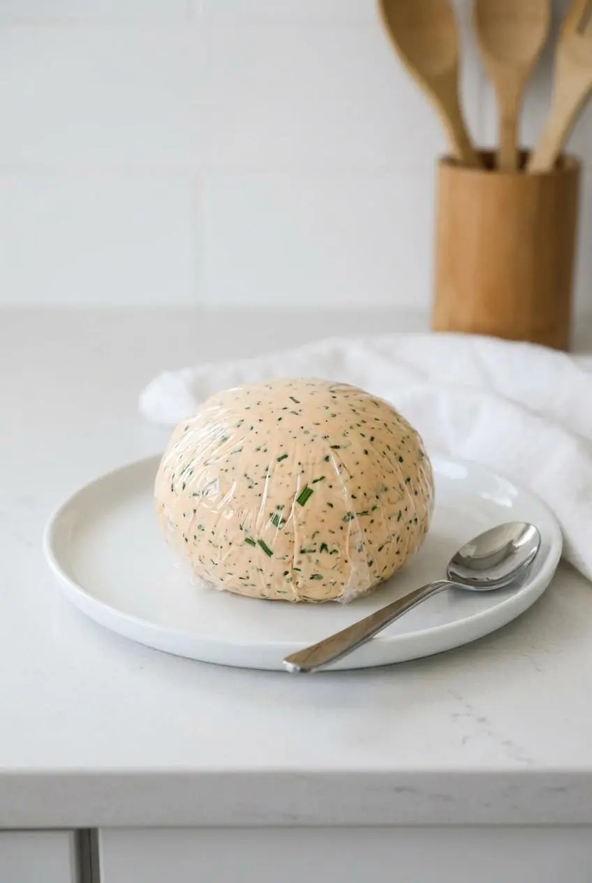 Cheese ball mixture shaped into a tight sphere and wrapped in clear plastic wrap on a prep plate.