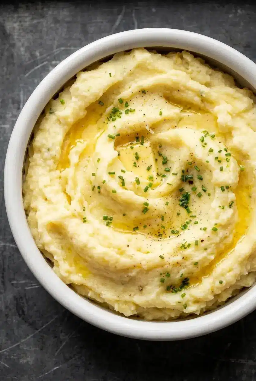 Close-up of velvety mashed Yukon Gold potatoes showing a pool of melted butter and a garnish of minced chives.