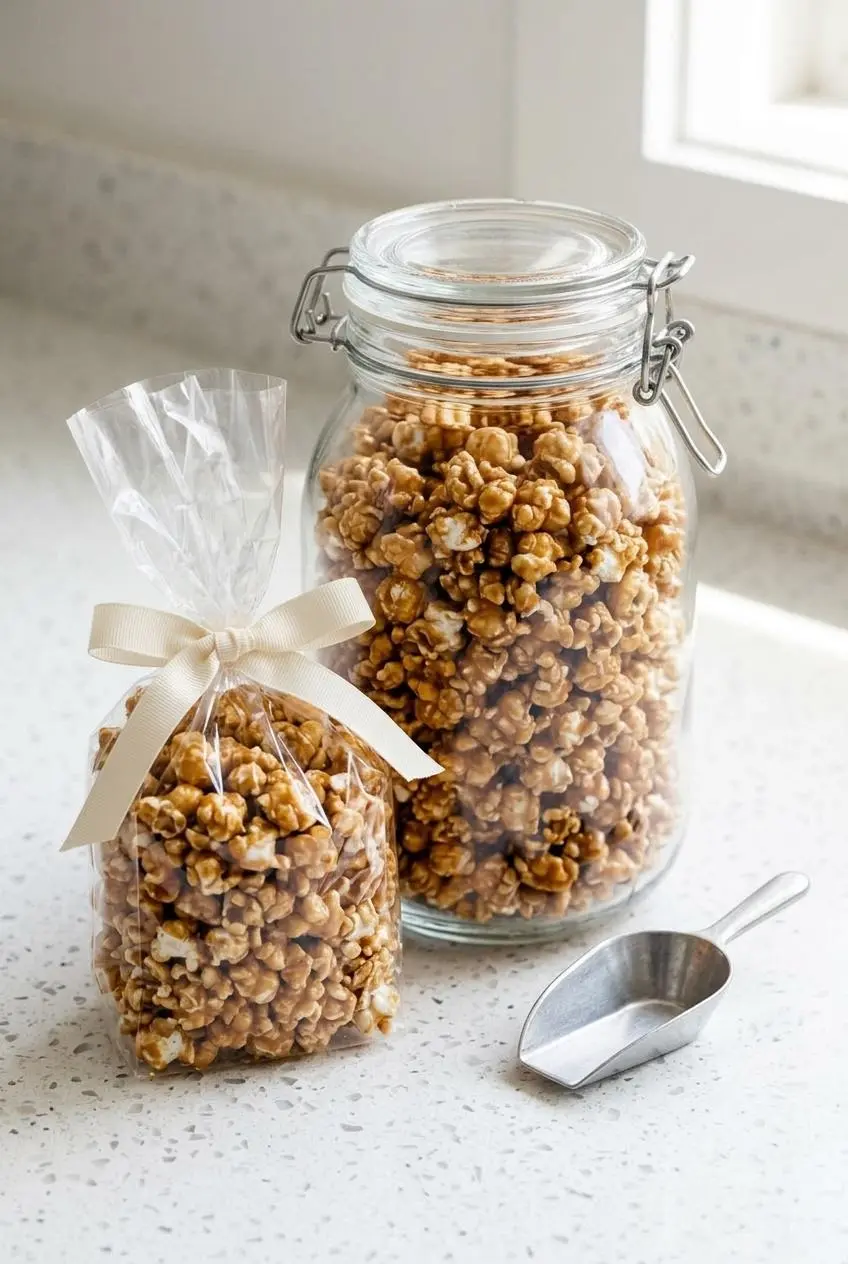 Airtight glass storage jar and clear ribbon-tied gift bag packed with crisp caramel corn clusters.