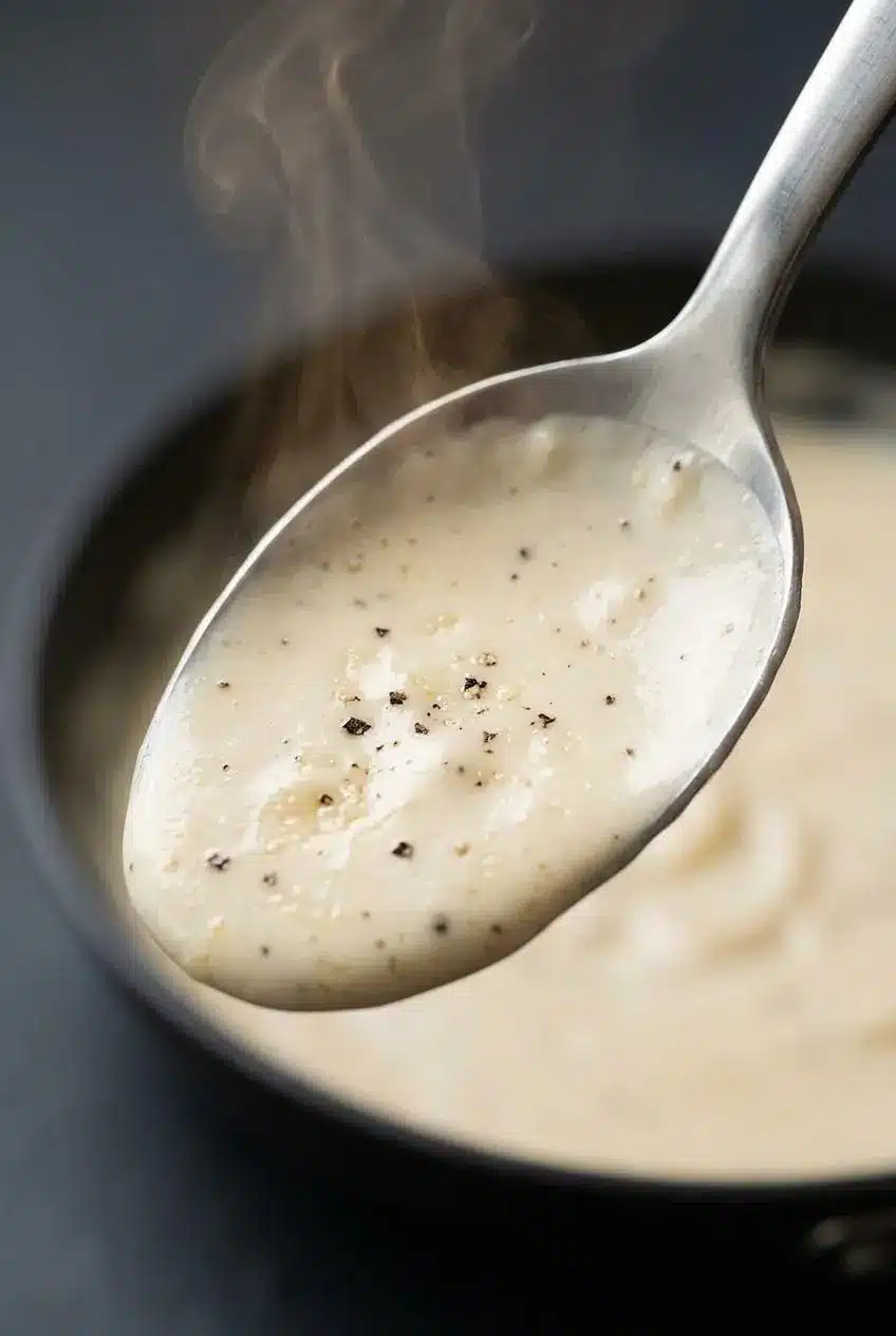 Velvety cream cheese alfredo sauce coating the back of a spoon to show smooth nappe consistency without curdling.