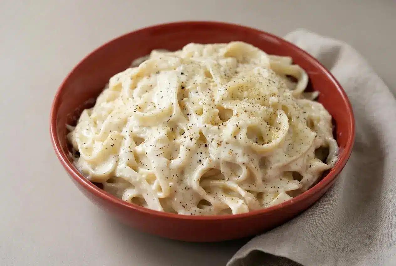 Velvety alfredo sauce with cream cheese and black pepper spooned over fettuccine with a glossy finish.