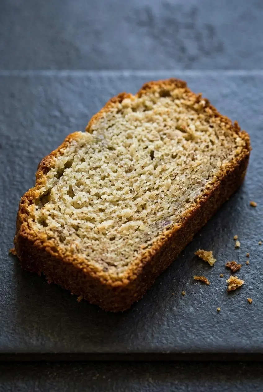 Close-up of a thick slice of almond flour banana bread showing a moist, even crumb without gumminess.
