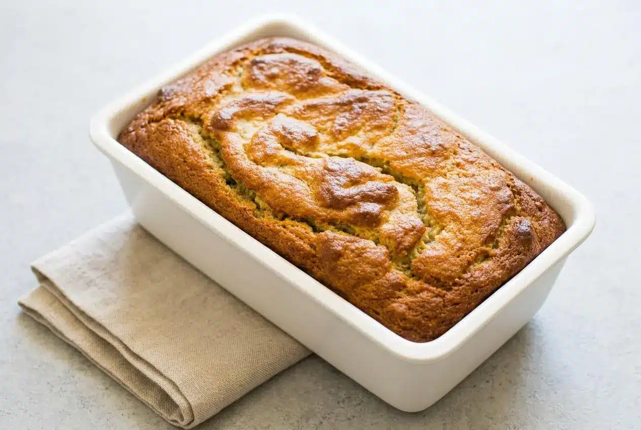 Golden-brown almond flour banana bread loaf with a tender, moist crumb on a wire rack.
