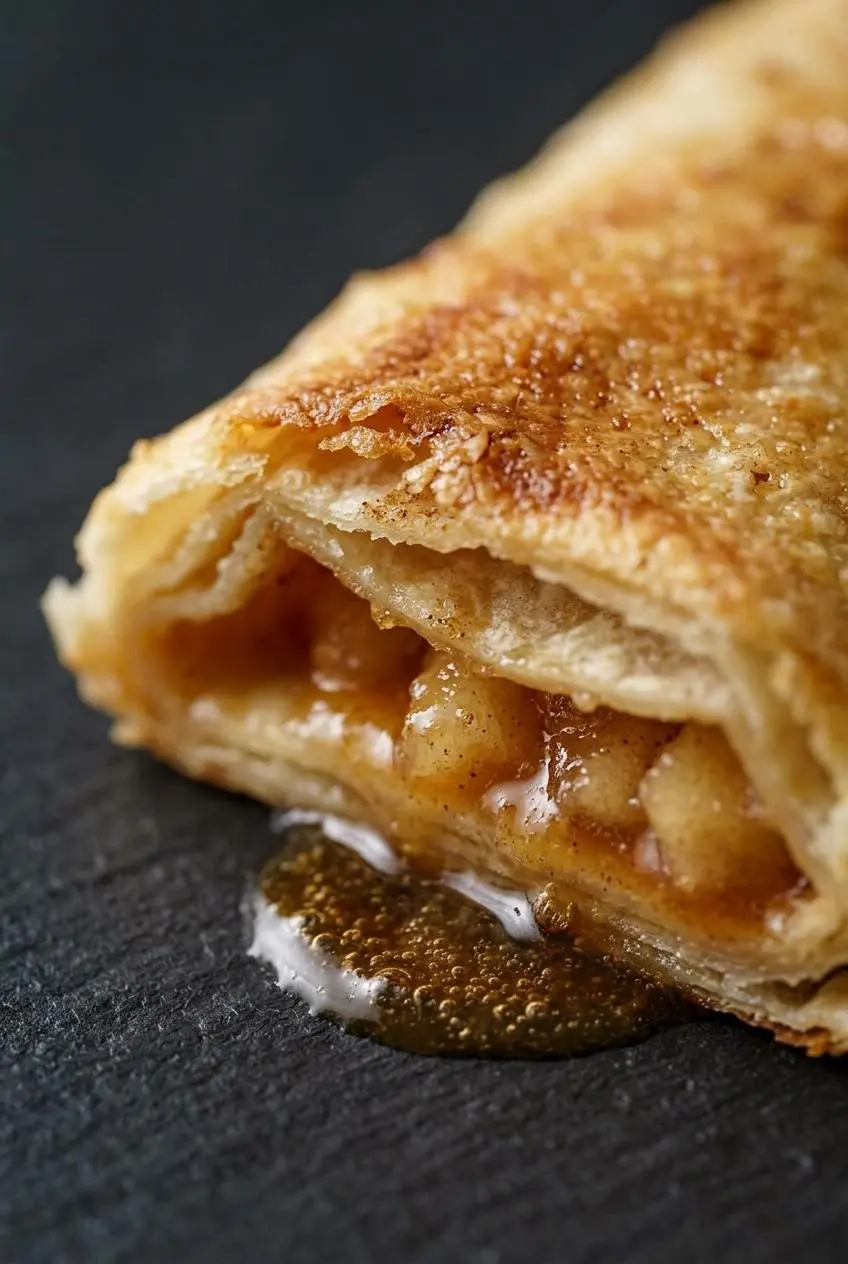 Close up cross section of a baked apple pie enchilada showing blistered flaky edges and spiced filling.