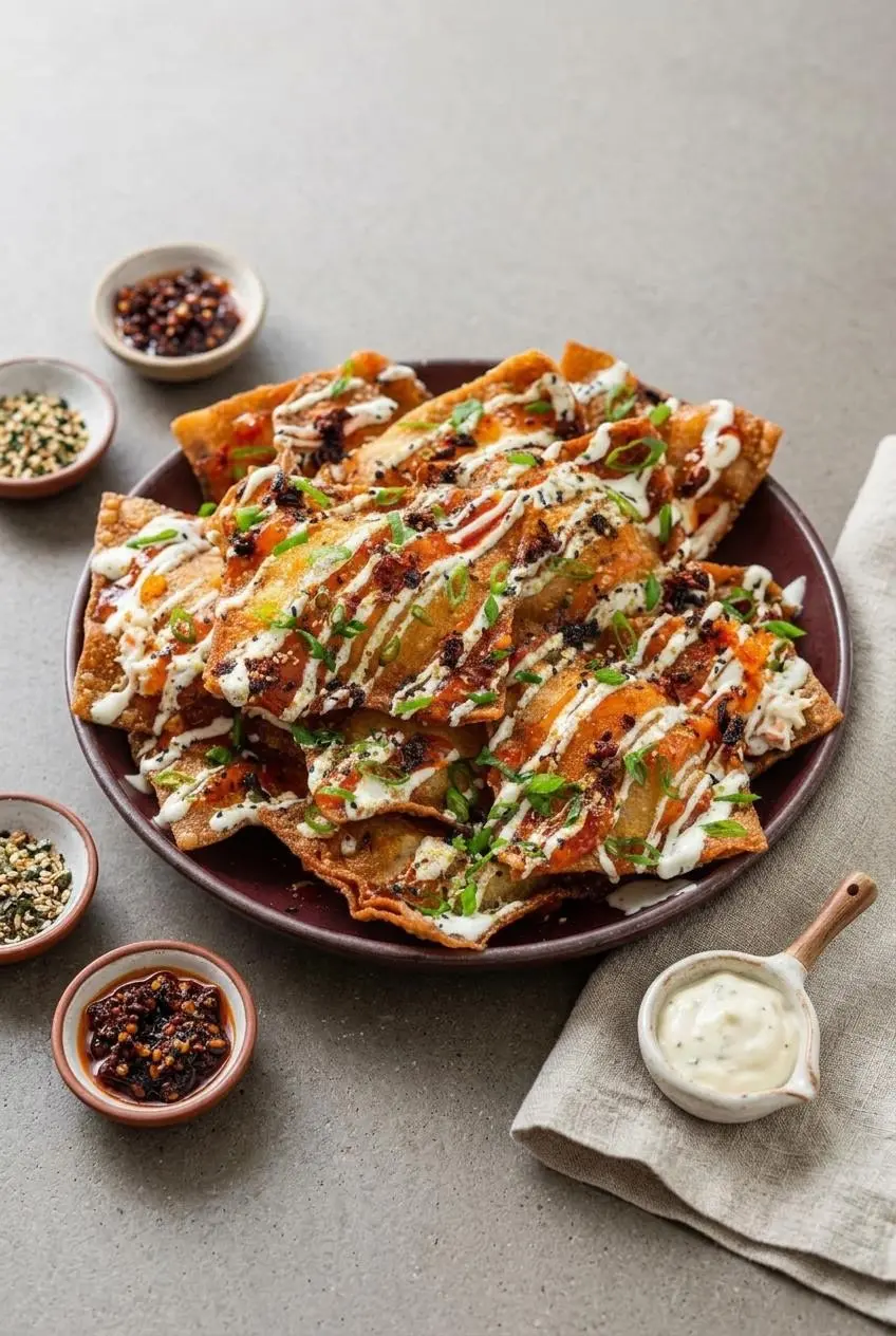 Platter of crab rangoon nachos drizzled with sweet chili sauce, yuzu mayo, scallions, and chili crisp.