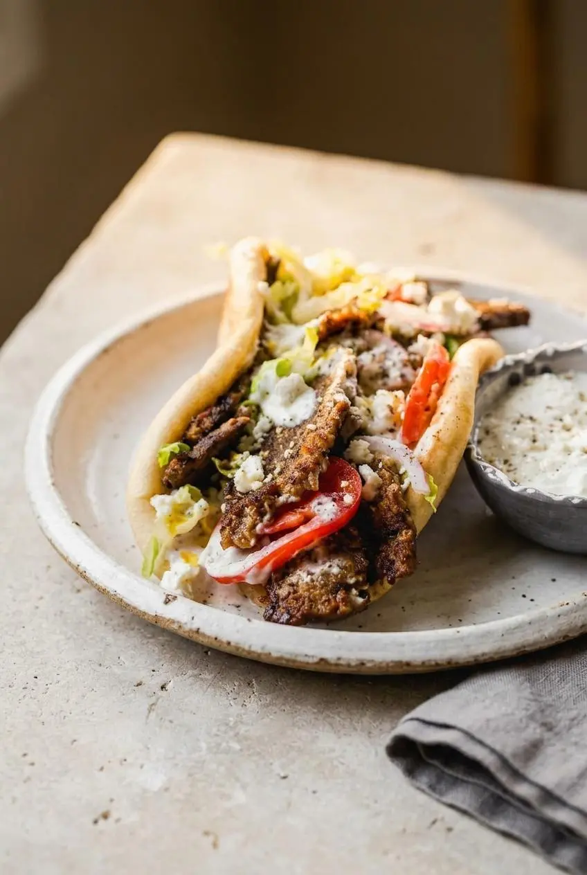 Two freshly assembled lamb gyros folded in soft flatbread with tzatziki sauce, sliced tomatoes, and red onions.