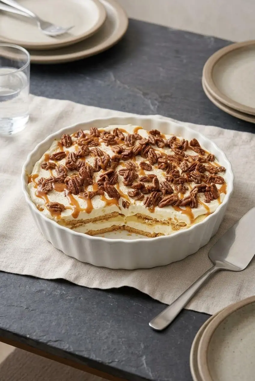 Baking dish filled with pecan pie lasagna topped with caramel ribbons and whole pecans.