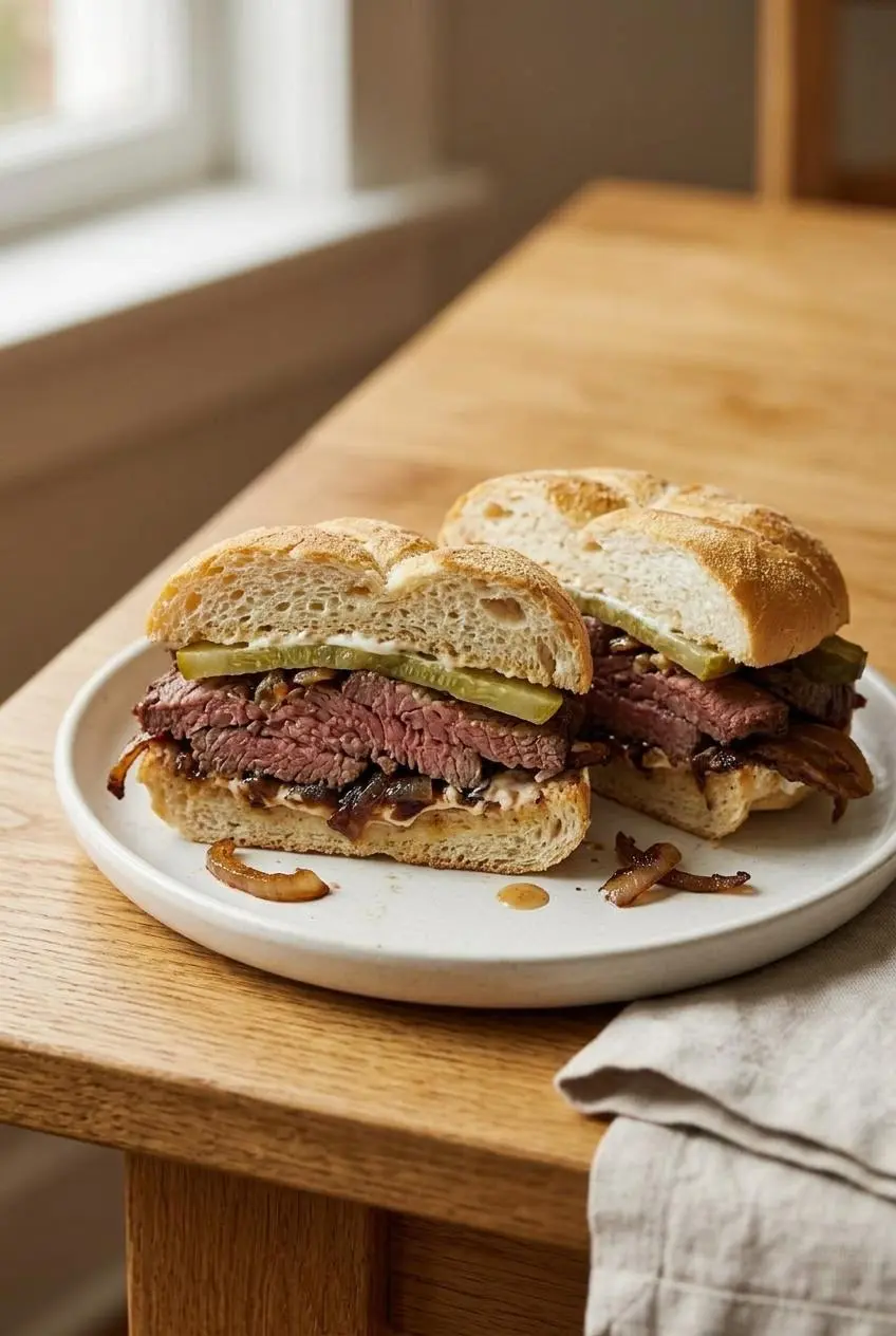 Assembled roast beef sandwich cut in half on a ceramic plate, displaying layered beef, onions, and pickles.