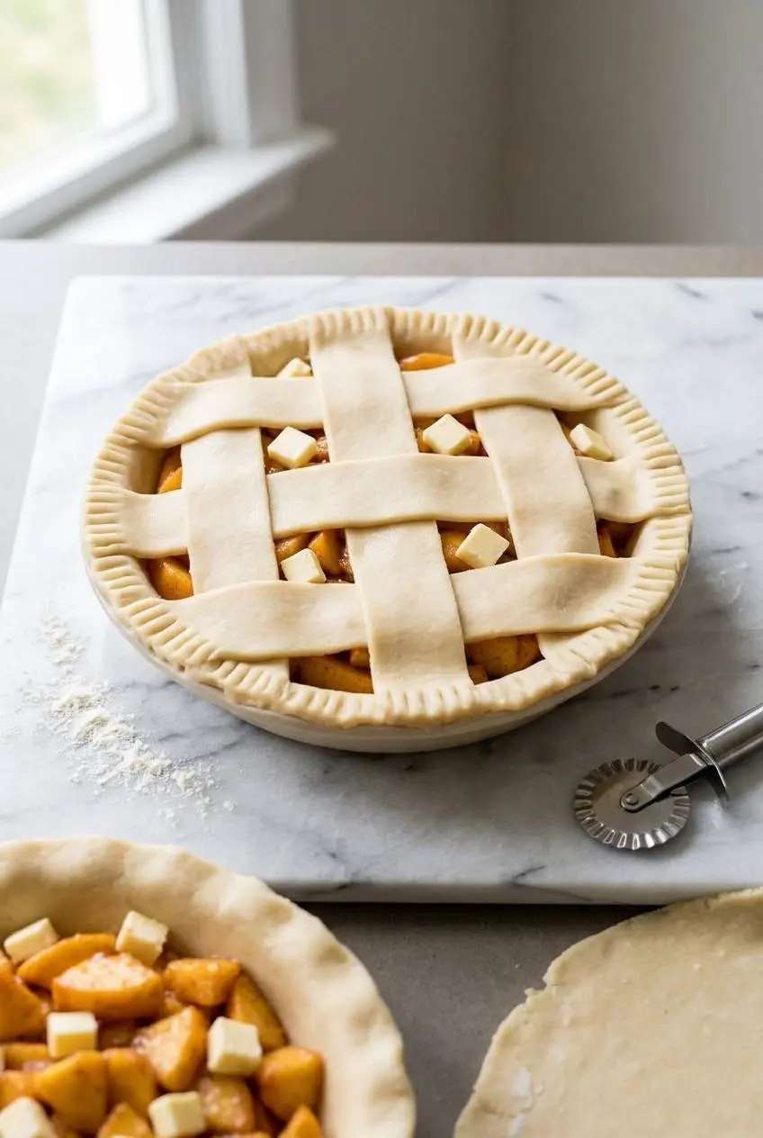 Unbaked peach pie in ceramic dish filled with spiced peach chunks and woven raw dough lattice.