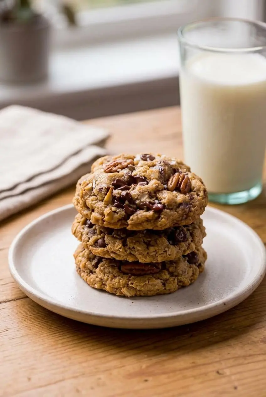 Stack of three textured cowboy cookies on a ceramic plate alongside a glass of cold milk.