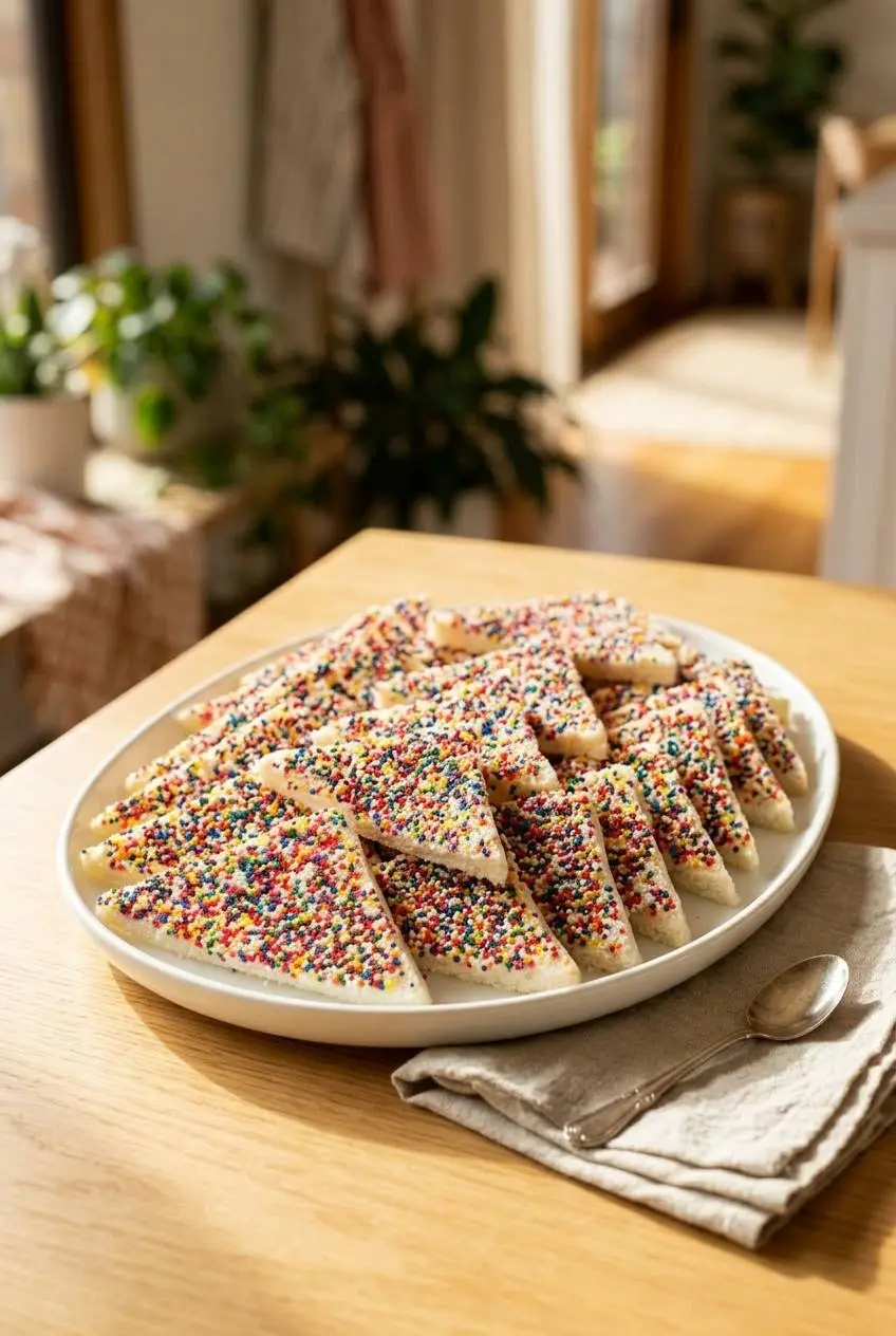 Platter of colorful fairy bread triangles arranged on a pastel plate on a bright wooden dining table.