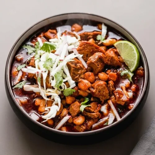 Rich red broth pozole recipe bowl with tender pork shoulder, white hominy, and fresh crisp toppings.