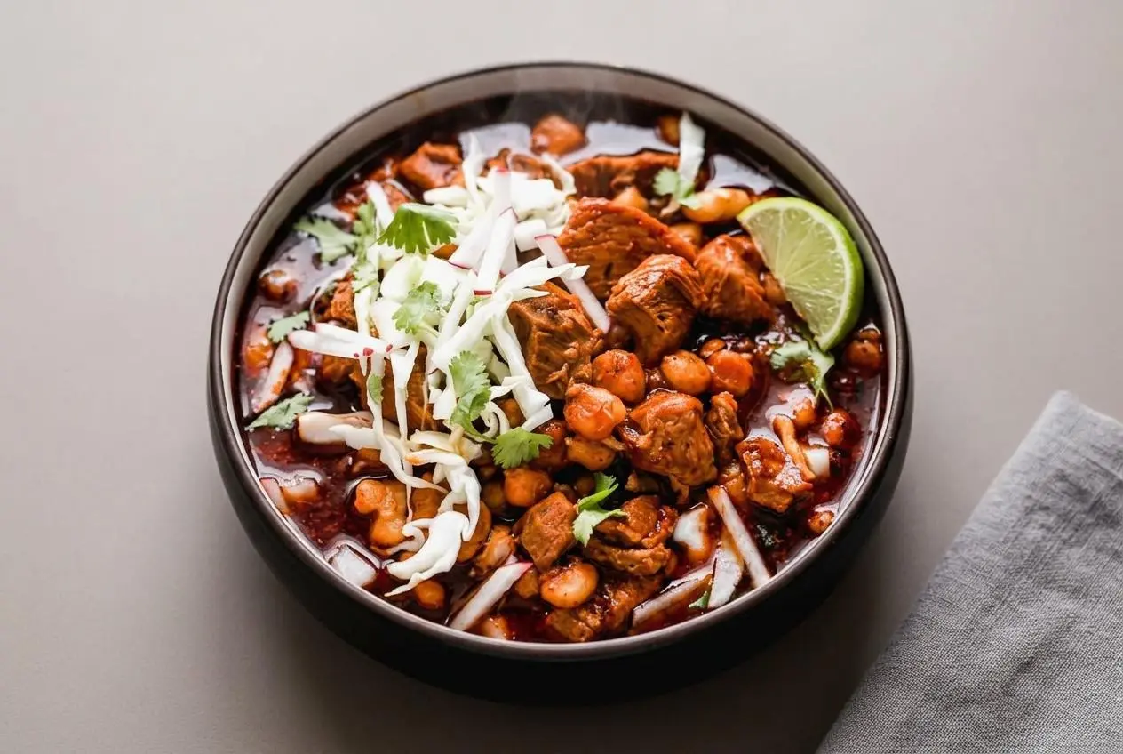 Rich red broth pozole recipe bowl with tender pork shoulder, white hominy, and fresh crisp toppings.