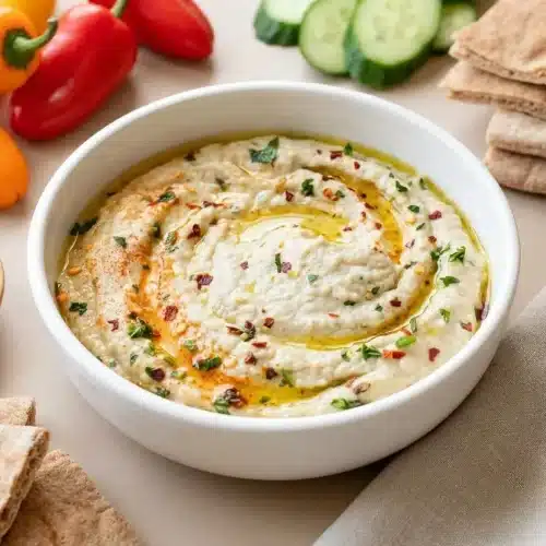 Baba ganoush recipe served in a shallow bowl with olive oil swirls and fresh parsley.