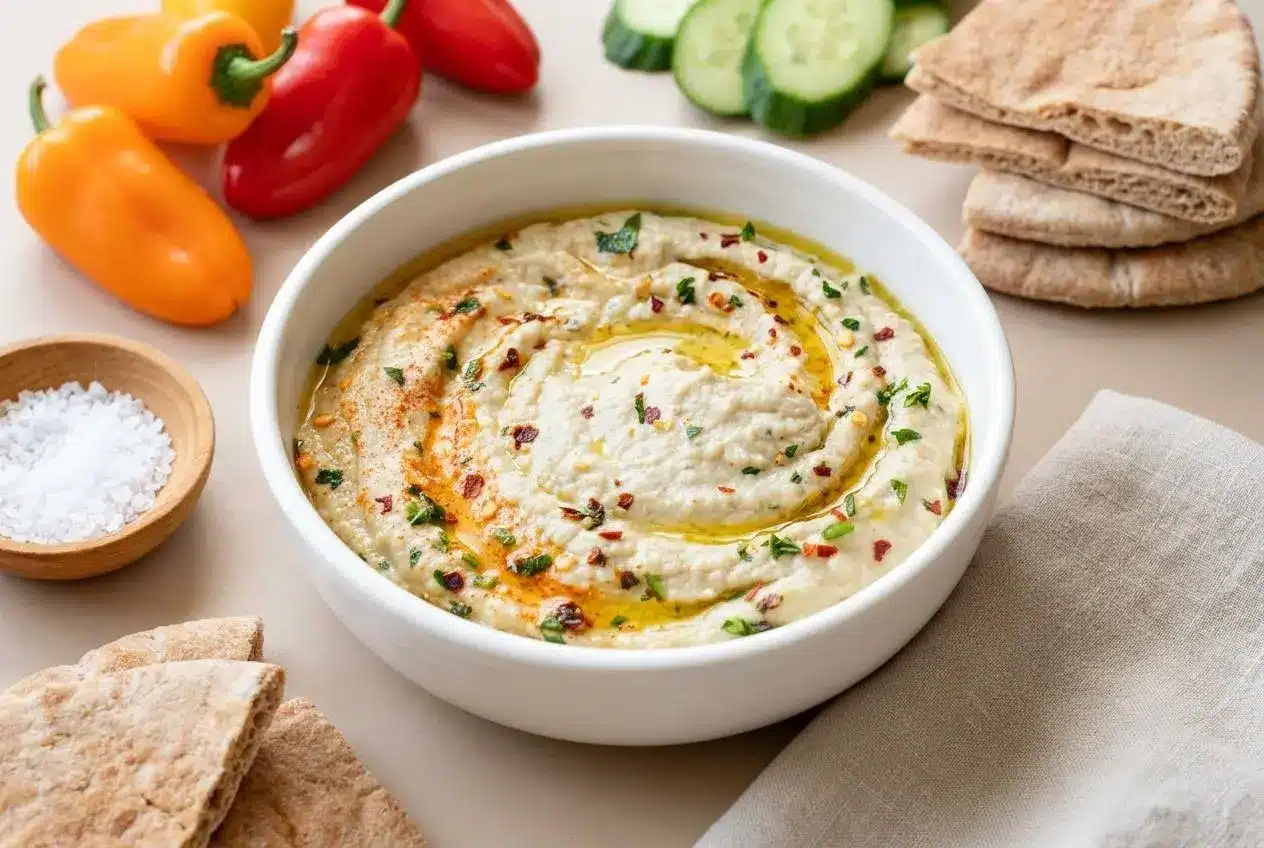Baba ganoush recipe served in a shallow bowl with olive oil swirls and fresh parsley.