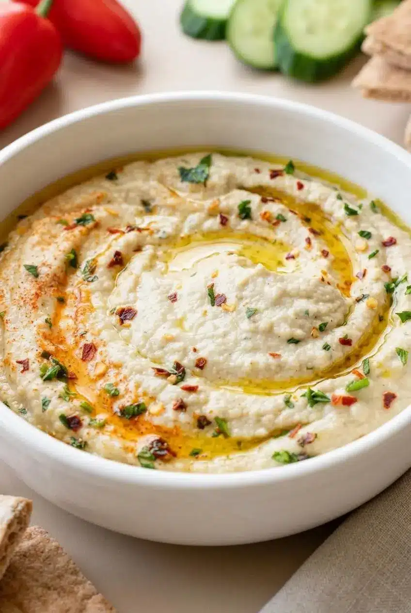 Creamy texture of baba ganoush dip holding shape with olive oil and paprika.