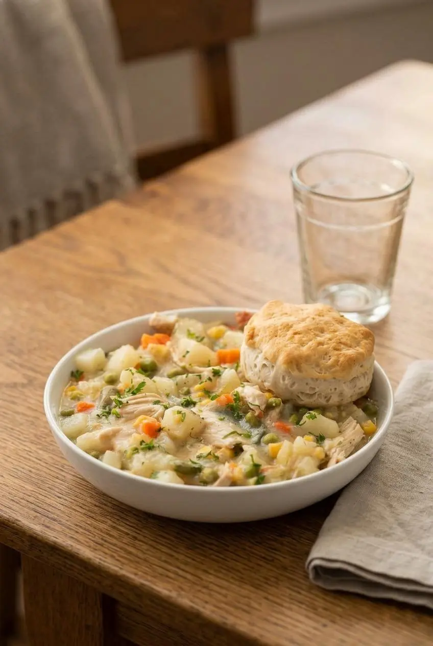 Bowl of chicken pot pie filling served at a table and topped with a tall golden baked biscuit.