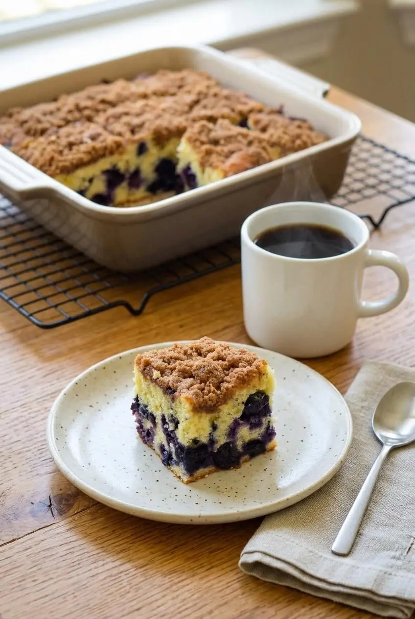 Square slice of blueberry coffee cake on a plate next to the baking pan and a cup of black coffee.