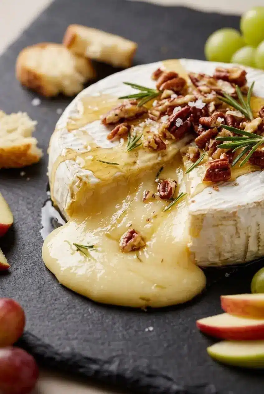 Molten baked brie wheel cut open, showing warm melted cheese, toasted pecans, and honey.