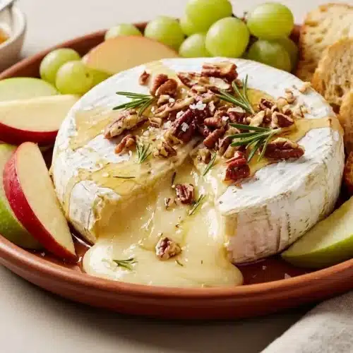 Baked brie recipe with a glossy honey drizzle, toasted pecans, and a warm, molten center.