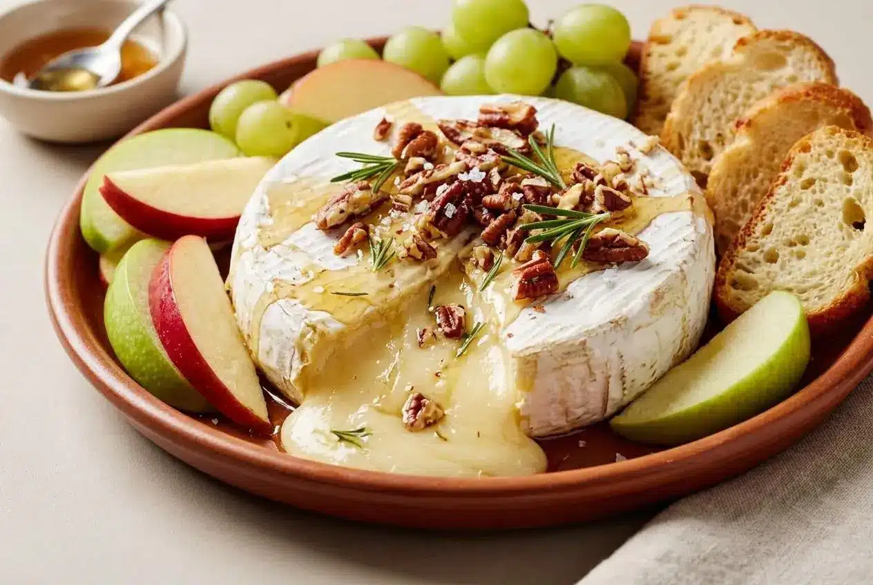 Baked brie recipe with a glossy honey drizzle, toasted pecans, and a warm, molten center.