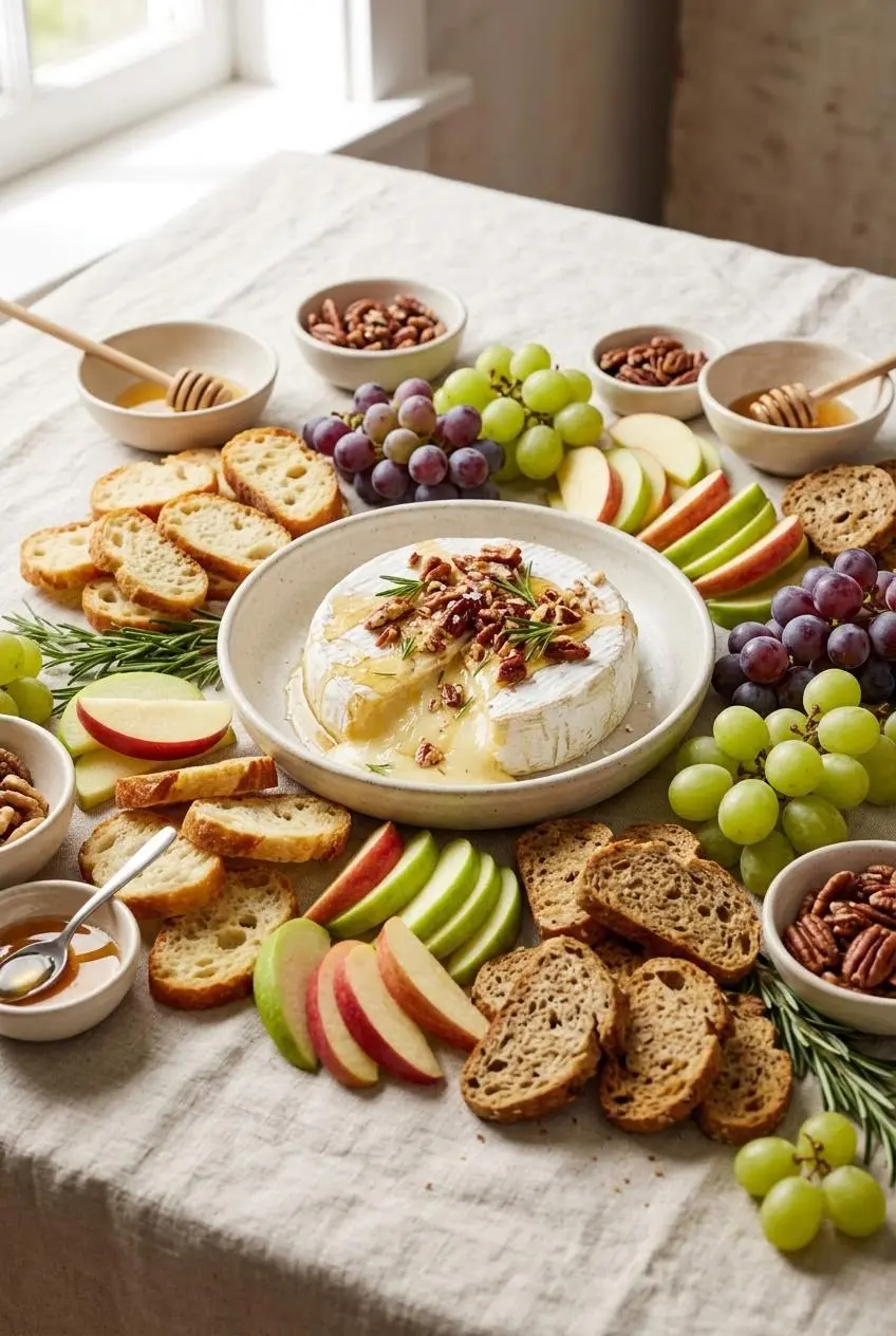 Warm baked brie platter served with toasted baguette slices, crisp crostini, apple wedges, and purple grapes.