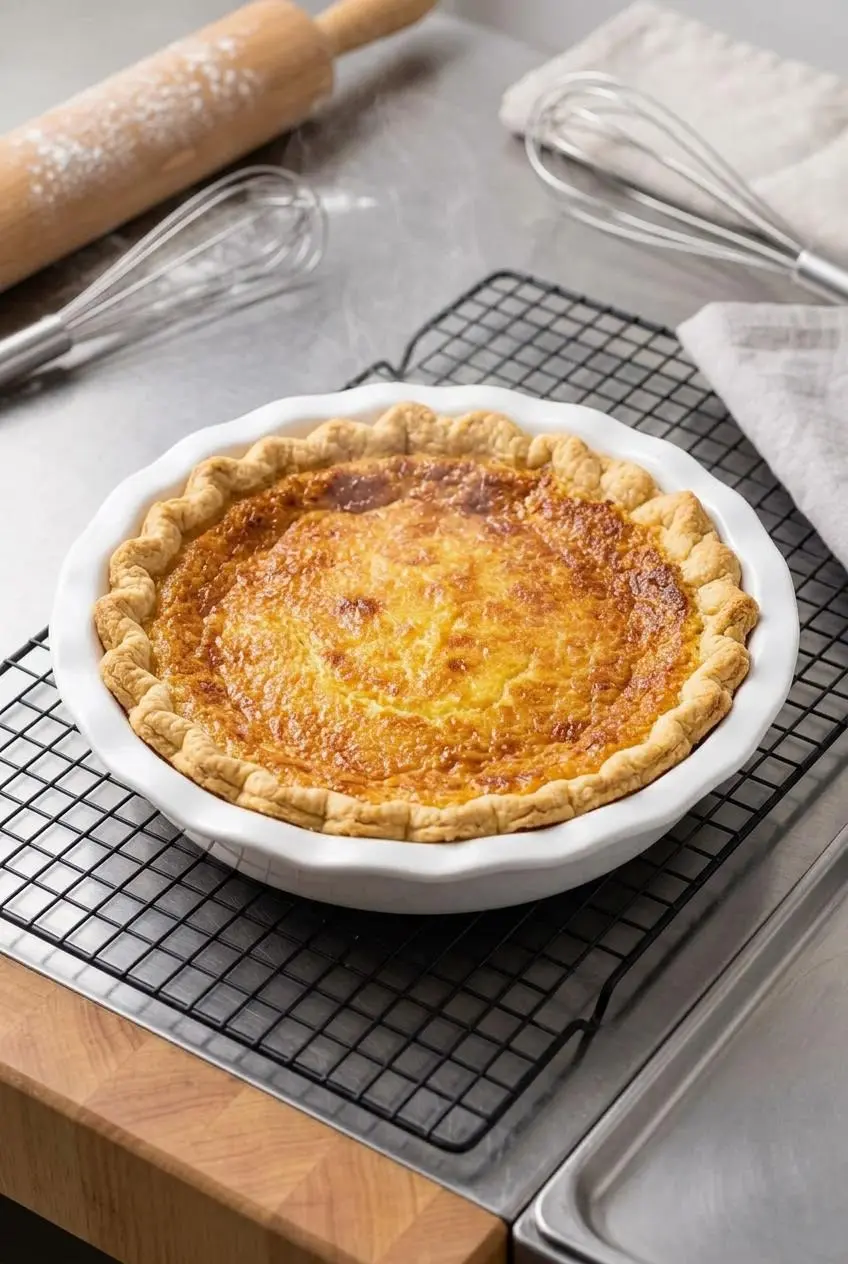Whole baked buttermilk pie with a golden-brown top cooling in a pie dish on a wire rack.