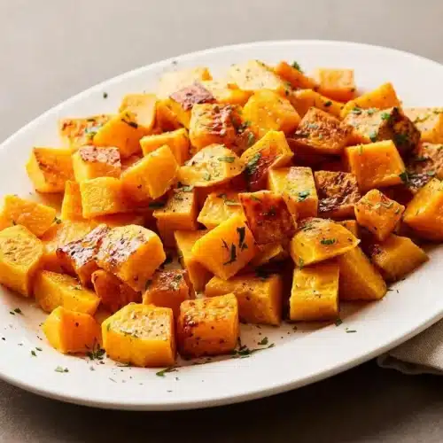Golden baked butternut squash cubes with caramelized edges and tender roasted centers
