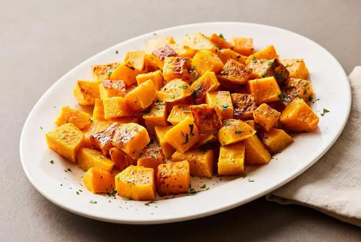 Golden baked butternut squash cubes with caramelized edges and tender roasted centers